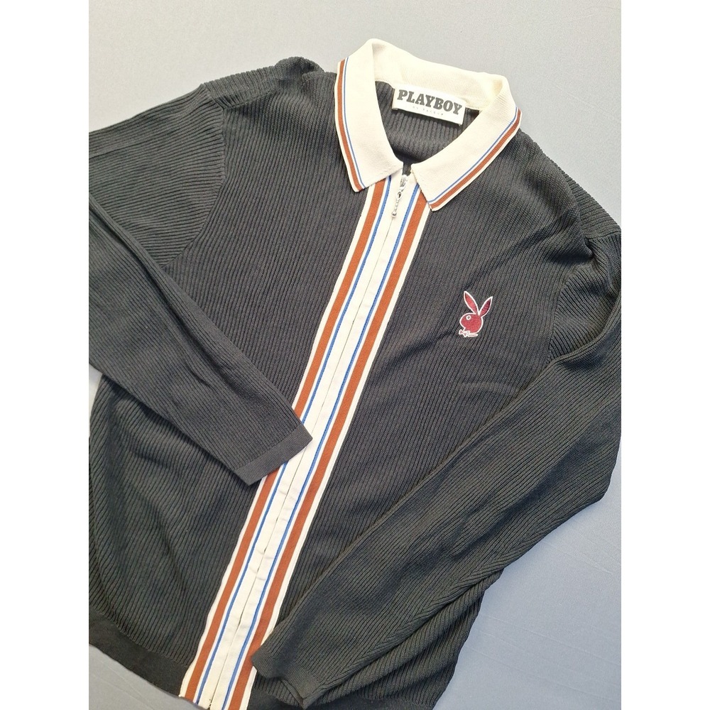 Playboy Mens Small Full Zip Black Ribbed Sweater Knit Pacsun‎ 70's Style Logo
